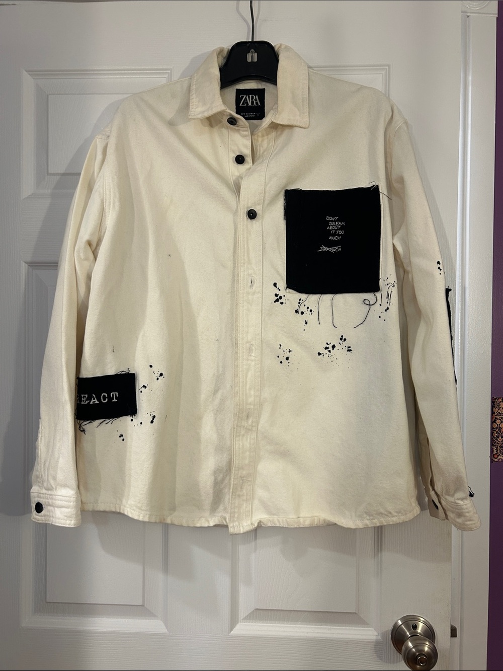 Zara Cream Overshirt with Black Motivational Patch Accents 100% cotton